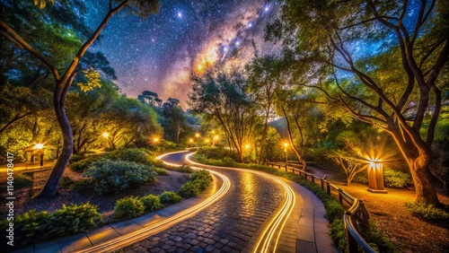 Long Exposure Photography: Narrow Pathway Nature Center, Serene Trails, Peaceful Woods, Night Photography, Starry Sky, Light Trails, Nature Walk, Forest Path, Magical Atmosphere