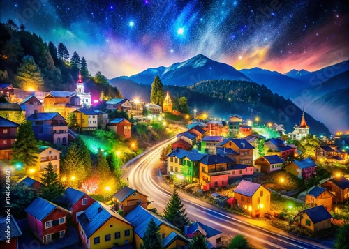 Long Exposure Photography: Mountain Town Night Lights, Animated Style, Cartoon, Colorful, Vibrant, Cityscape