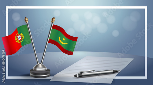 Portugal and Mauritania National flags on small table with bokeh background, cooperative relationship