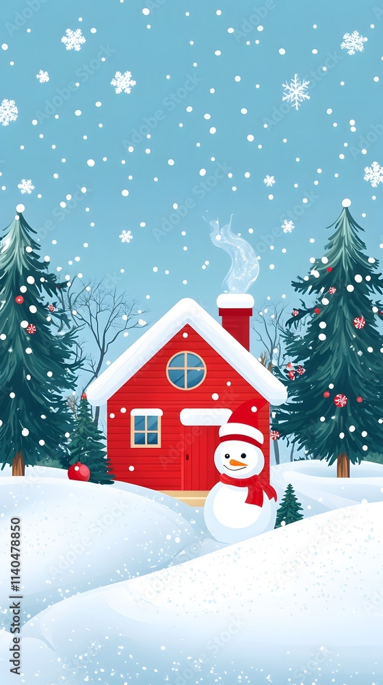 Flat vector illustration of a winter landscape with snow-covered pine trees and a house, simple shapes Flat vector illustration of a winter landscape with snow-covered pine trees and a house, simple shapes