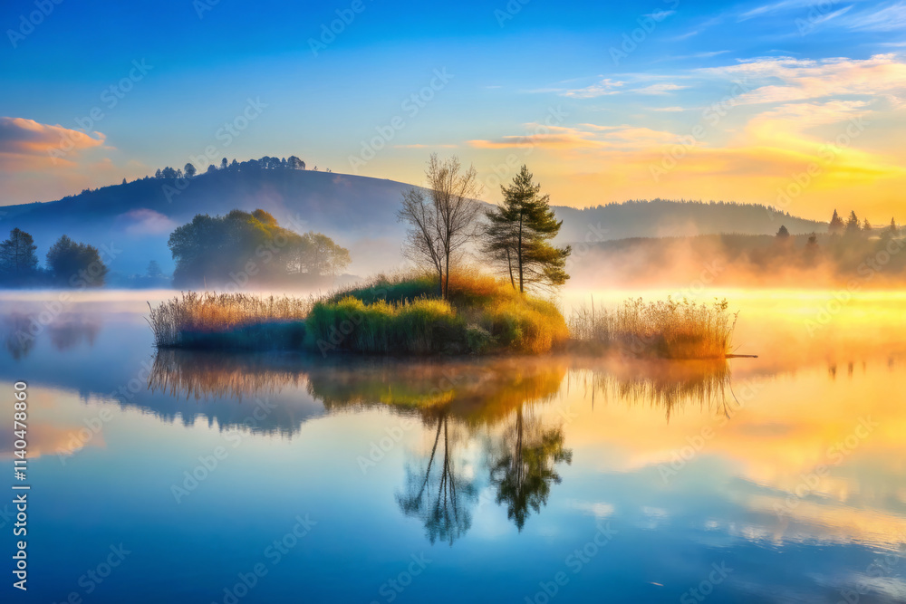 serene lake at dawn, surrounded by misty hills and vibrant colors reflecting on water. tranquil scene evokes sense of peace and natural beauty serene lake at dawn, surrounded by misty hills and vibrant colors reflecting on water. tranquil scene evokes sense of peace and natural beauty