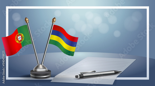 Portugal and Mauritius National flags on small table with bokeh background, cooperative relationship