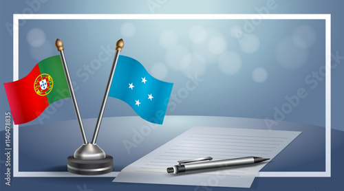 Portugal and Micronesia National flags on small table with bokeh background, cooperative relationship