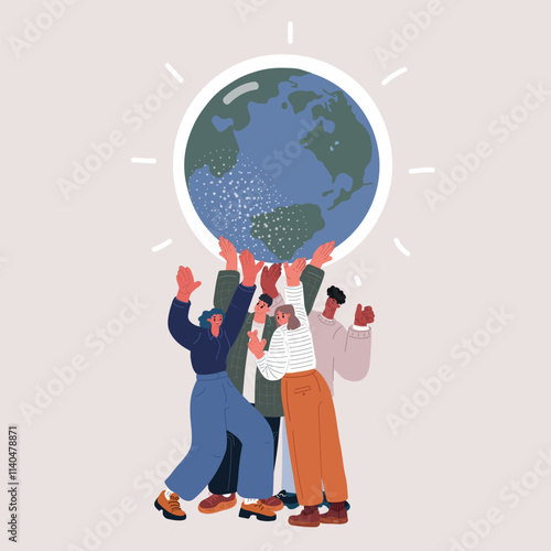 Cartoon vector illustration of people gathered together holding the Earth globe symbolizing unity, teamwork, and global responsibility.