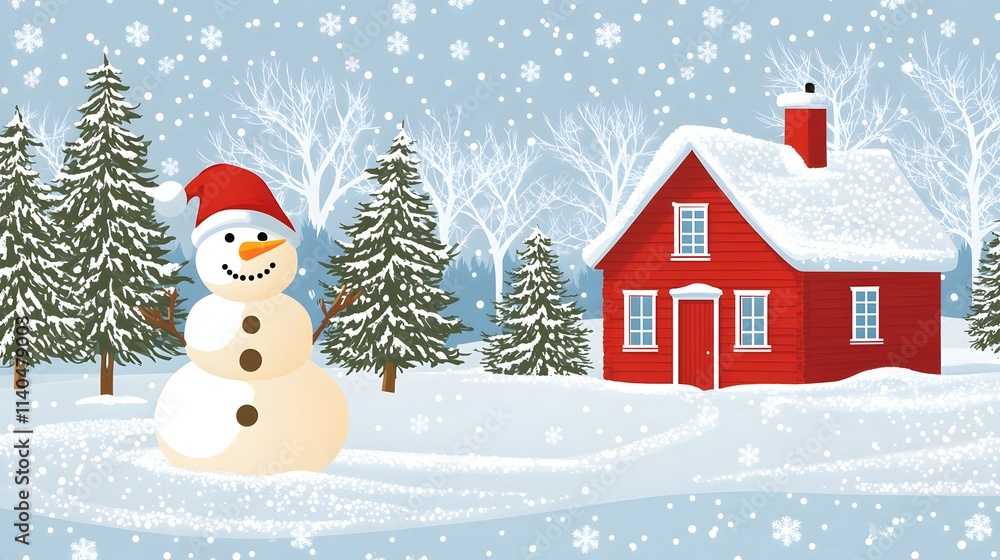 Flat vector illustration of a winter landscape with snow-covered pine trees and a house, simple shapes Flat vector illustration of a winter landscape with snow-covered pine trees and a house, simple shapes