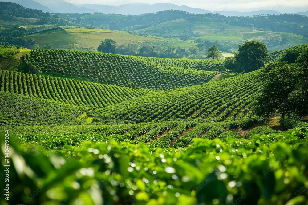 Coffee plantation with rows of green coffee plants covering rolling hills under a clear sky Coffee plantation with rows of green coffee plants covering rolling hills under a clear sky