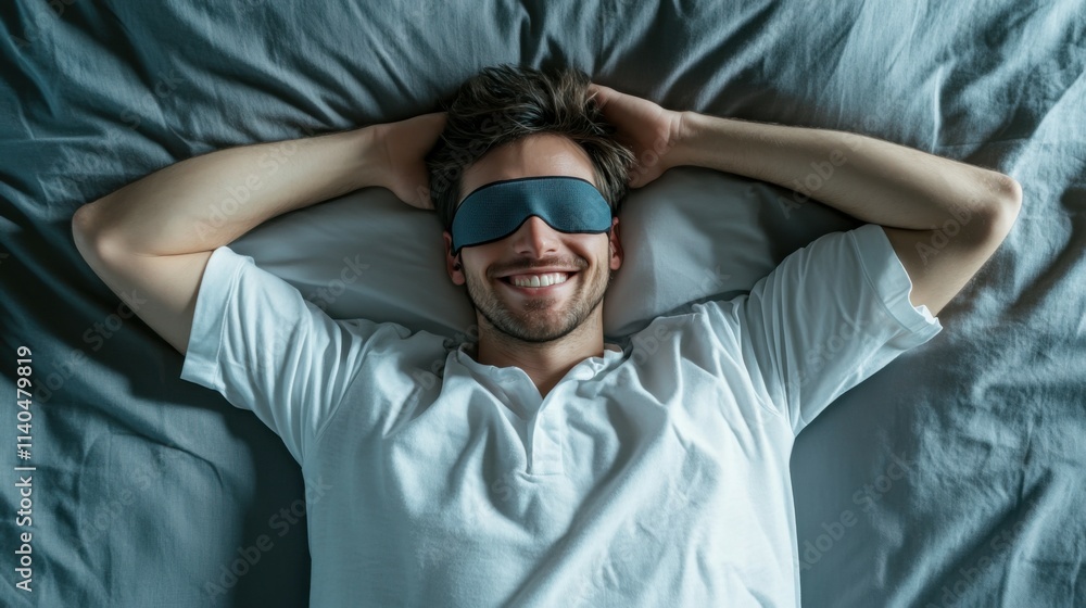 people, bedtime and rest concept - happy smiling man in sleeping eye mask lying in bed, top view people, bedtime and rest concept - happy smiling man in sleeping eye mask lying in bed, top view