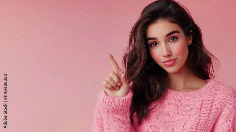 Photo of pretty young woman look point finger empty space wear pullover isolated on pink color background Photo of pretty young woman look point finger empty space wear pullover isolated on pink color background