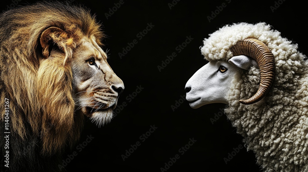 Realistic Lion Head and White Sheep Head facing each other on a black background with space for text on the left Realistic Lion Head and White Sheep Head facing each other on a black background with space for text on the left