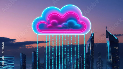 glowing neon cloud hovers above futuristic city, with binary code streams cascading like digital rain, creating vibrant and tech inspired atmosphere photo