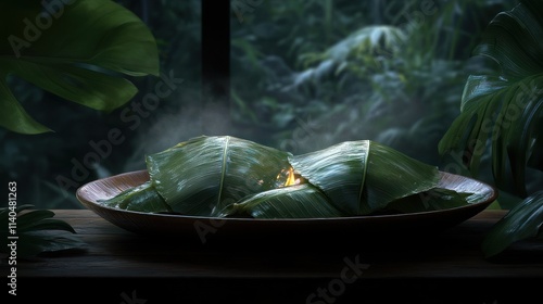 Steamed food wrapped in banana leaves, steaming hot, in a jungle setting. photo