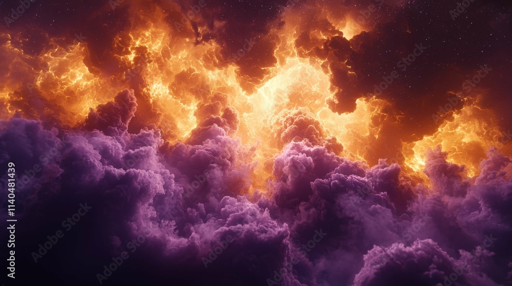 A stunning depiction of ethereal clouds illuminated in vibrant orange and purple tones, resembling an abstract cosmic scene. A stunning depiction of ethereal clouds illuminated in vibrant orange and purple tones, resembling an abstract cosmic scene.