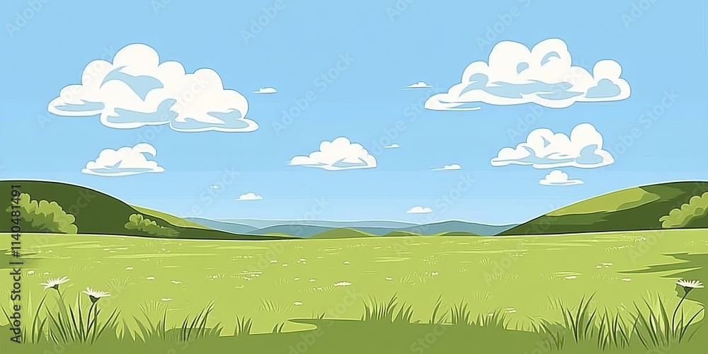 Obraz premium Bright grassland surrounded by trees and clear skies