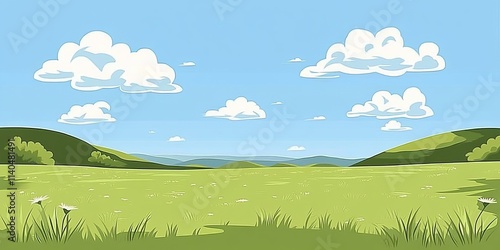 Bright grassland surrounded by trees and clear skies