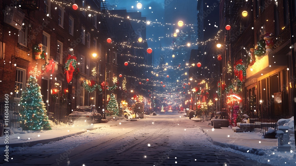 Fototapeta premium Snow-covered city street with festive Christmas lights and decorations 