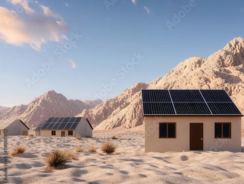 Solarpowered smart grid in a remote community, selfsufficient energy system, sustainable power transmission photo