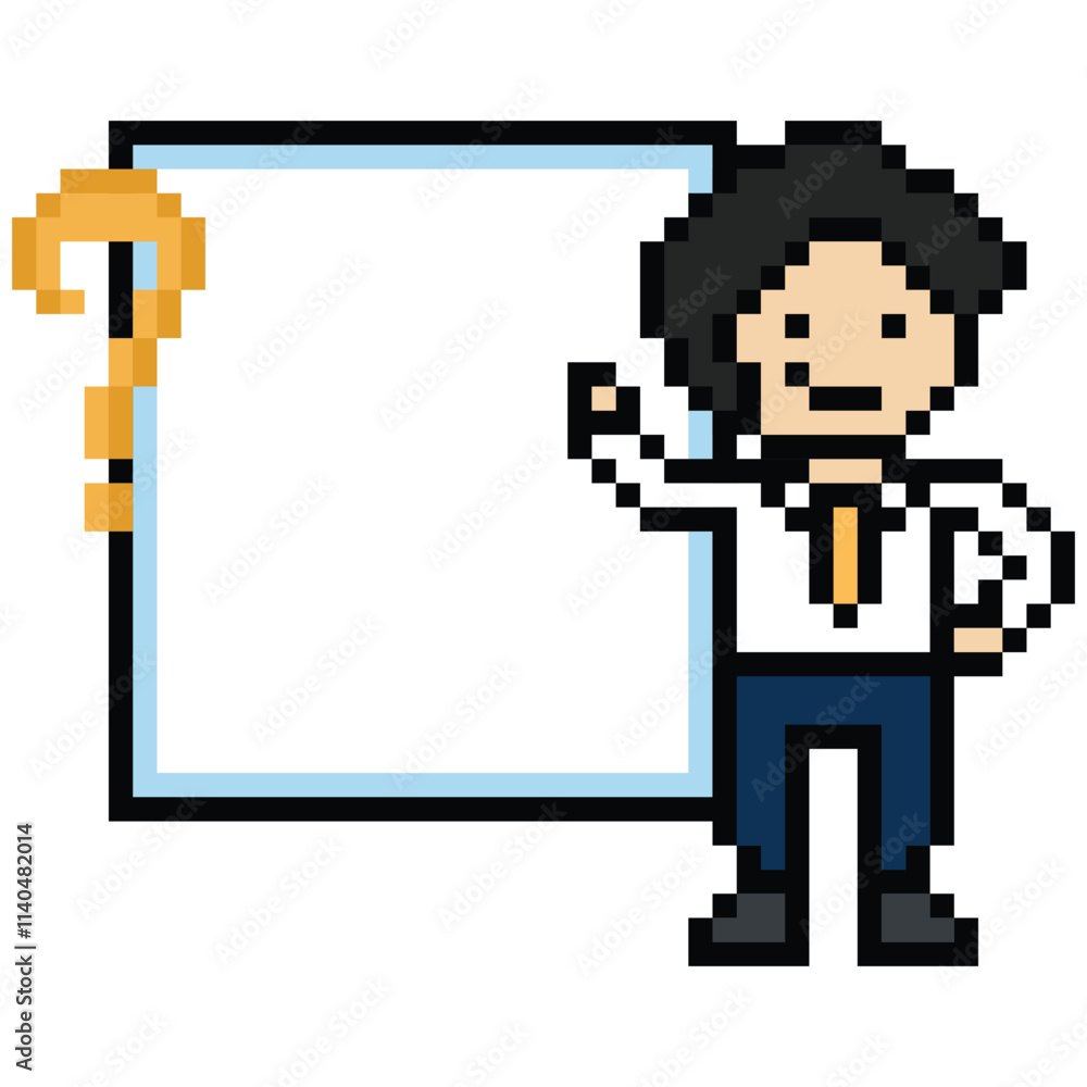 Cute pixel cartoon character business man with question mark decoration 8 bit male boy confused idea question mark businessman choose cartoon pixel game 8 bit PNG vector. Cute pixel cartoon character business man with question mark decoration 8 bit male boy confused idea question mark businessman choose cartoon pixel game 8 bit PNG vector.