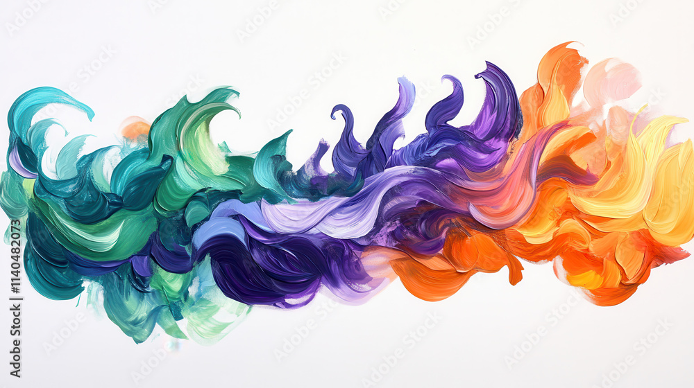 Abstract liquid design featuring sweeping gradients of deep emerald greens, sharp lavender purples, and bright sunset oranges, intricate wave-like shapes that radiate harmony and motion on a pure whit Abstract liquid design featuring sweeping gradients of deep emerald greens, sharp lavender purples, and bright sunset oranges, intricate wave-like shapes that radiate harmony and motion on a pure whit