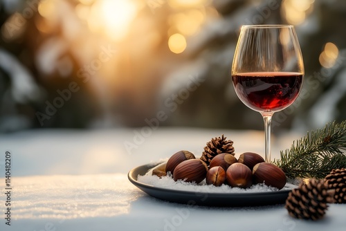 Roasted Chestnuts and Mulled Wine on Snowy Outdoor Setting photo