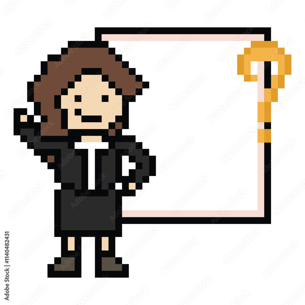 Obraz premium Cute pixel cartoon character business woman with question mark decoration 8 bit female girl lady confused idea question mark businesswoman choose cartoon pixel game 8 bit png vector.