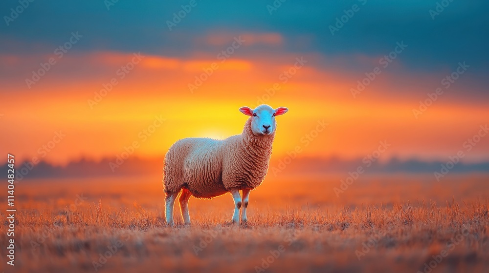 Fototapeta premium Sheep grazing under a dramatic cloudy sky, cinematic countryside view