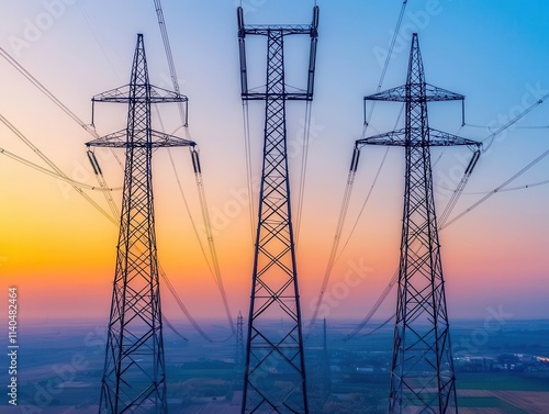 Solar panels on top of highvoltage transmission towers, dualpurpose infrastructure, innovative energy use photo