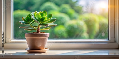 Succulent houseplant Crassula ovata on windowsill with window background photo