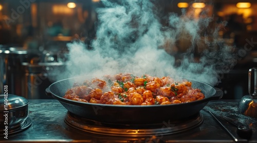 Steaming gnocchi in a cast iron skillet.