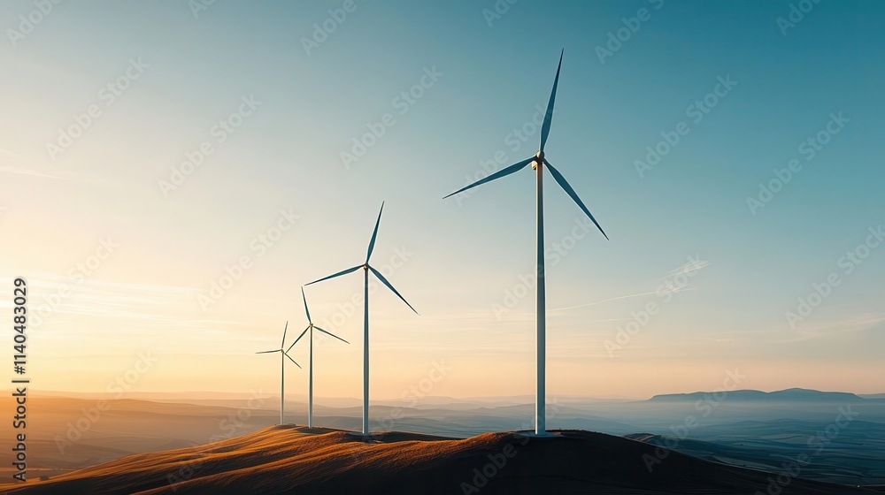 Obraz premium Wind turbines on a coastal cliff with power lines extending inland, harnessing wind energy, renewable transmission