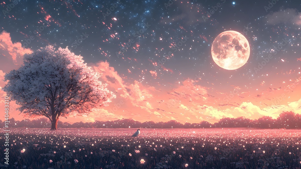 A serene landscape at dusk featuring a large tree under a glowing full moon. A serene landscape at dusk featuring a large tree under a glowing full moon.