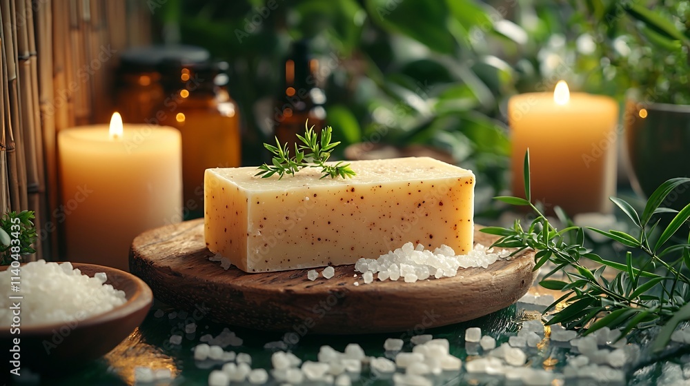 Serene Spa Table with Handcrafted Natural Wellness Products and Soft Candlelight Serene Spa Table with Handcrafted Natural Wellness Products and Soft Candlelight