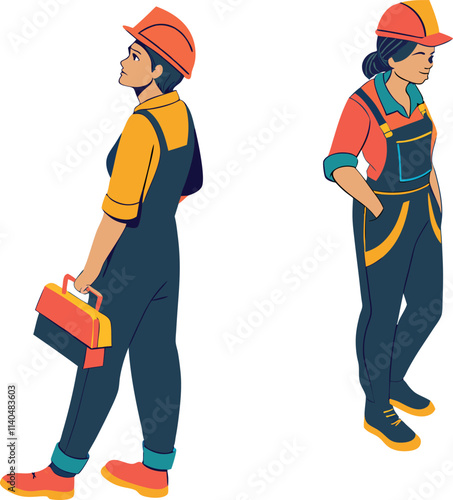 3D Vector Illustration of Taiwanese Construction Workers in Professional Gear - Full Body, Colorful Design