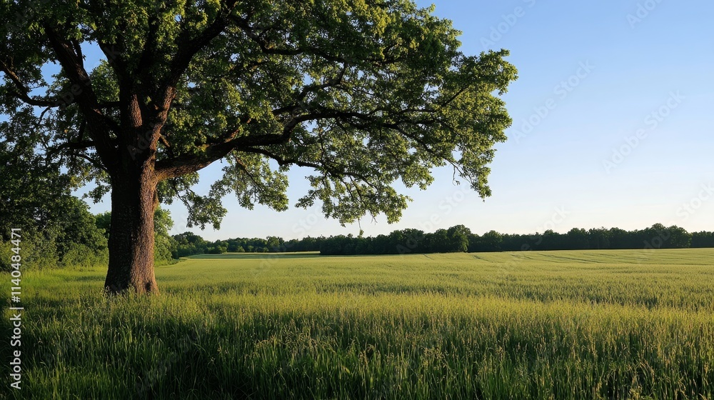 A serene landscape featuring a large tree beside a grassy field under a clear blue sky. A serene landscape featuring a large tree beside a grassy field under a clear blue sky.
