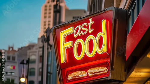 Wallpaper Mural A glowing neon 'Fast Food' sign stands out against the twilight sky in a bustling city street scene. This view captures urban nightlife and the allure of quick dining. Torontodigital.ca