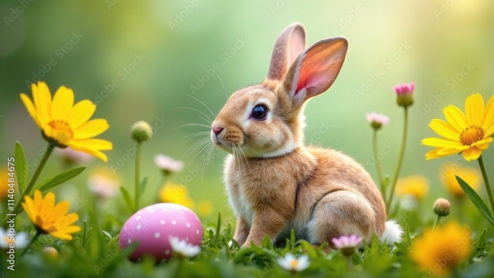 Cute fluffy brown Easter bunny among painted eggs and flowers on spring blooming meadow. Easter spring banner. Rabbit on grass Cute fluffy brown Easter bunny among painted eggs and flowers on spring blooming meadow. Easter spring banner. Rabbit on grass