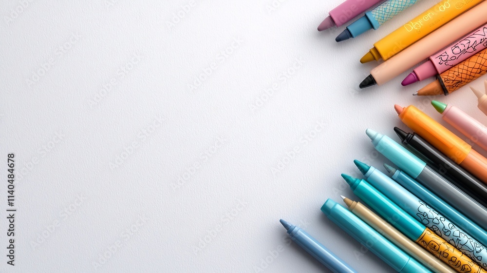 Vibrant collection of fine liner pens and markers neatly arranged in an orderly composition on a clean white backdrop Vibrant collection of fine liner pens and markers neatly arranged in an orderly composition on a clean white backdrop