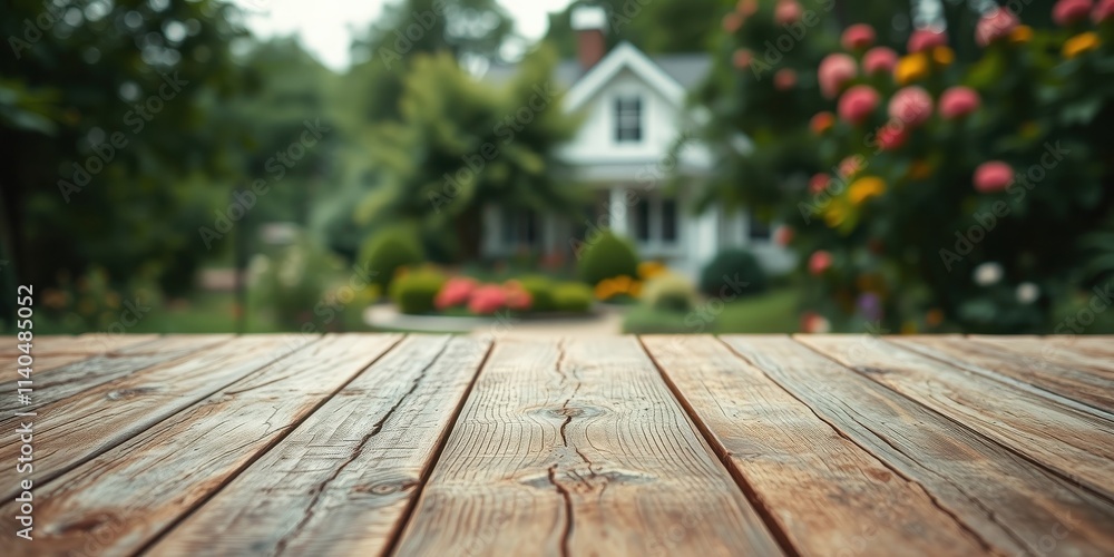 Rustic Wooden Tabletop with a Blurred Background of a House and Lush Garden Rustic Wooden Tabletop with a Blurred Background of a House and Lush Garden