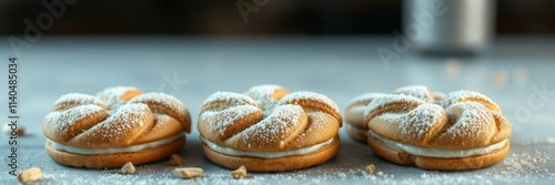 Freshly baked sweet rolls dusted with powdered sugar on a kitchen counter photo