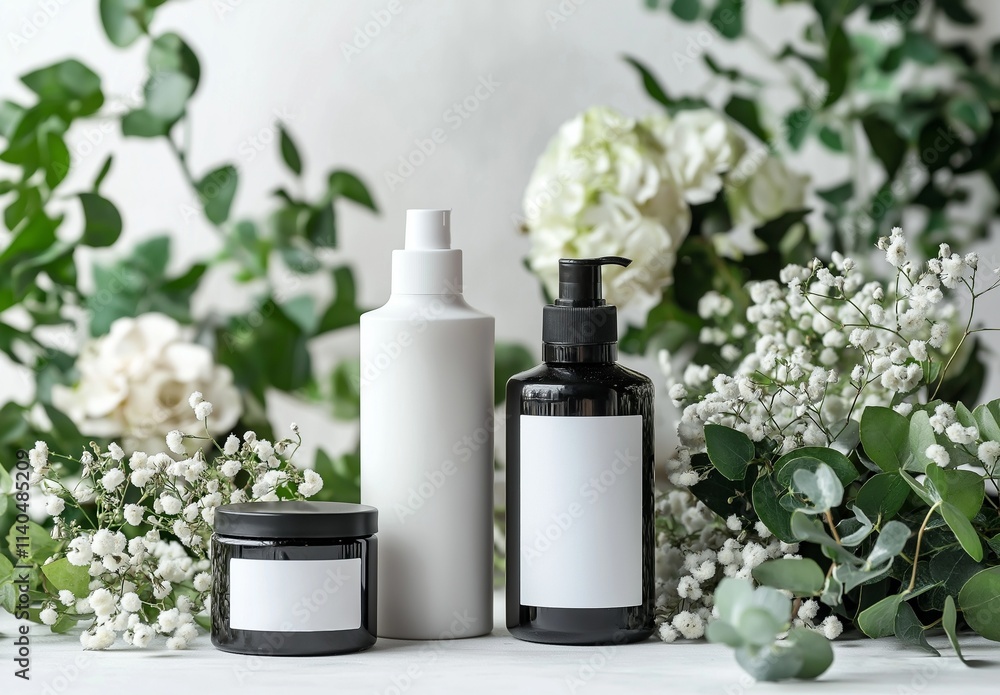 Three bottles of perfume are displayed on a table with flowers in the background Three bottles of perfume are displayed on a table with flowers in the background