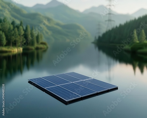 Floating solar panels on a reservoir with power lines nearby, waterbased renewable energy, innovative transmission solutions photo