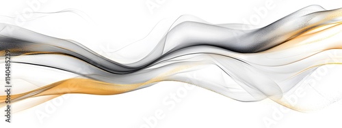 White background, flowing lines of gold and silver with gray accents, white space in between the waves