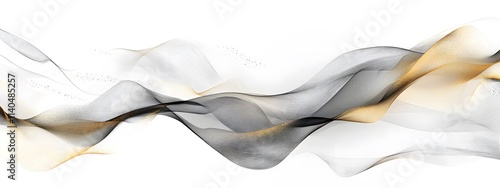 White background, flowing lines of gold and silver with gray accents, white space in between the waves