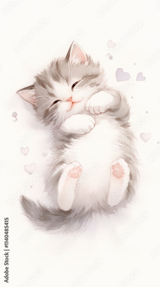 A cute, fluffy kitten lies on its back, peacefully sleeping with its paws tucked in, surrounded by soft heart shapes. A cute, fluffy kitten lies on its back, peacefully sleeping with its paws tucked in, surrounded by soft heart shapes.