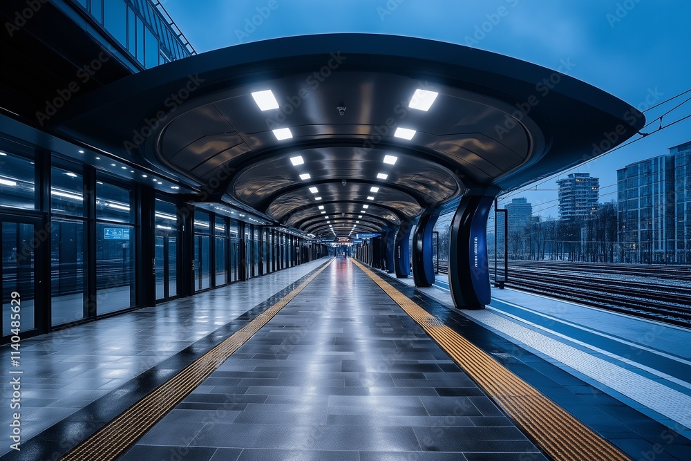 Fototapeta premium A train station with a long platform and a large overhang