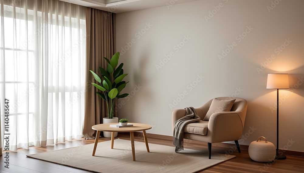 Fototapeta premium Room Background: A cozy and neat room with soft lighting a comfortable chair a coffee table and a warm blanket creating a relaxing atmosphere. background copyspace