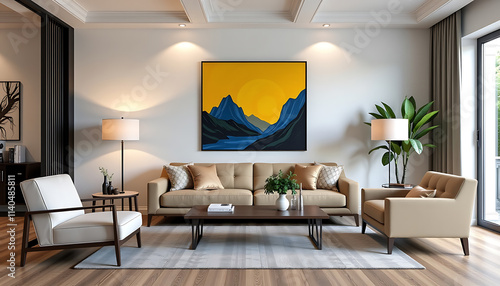 Wallpaper Mural Artistic living room with creative furniture arrangements and bold artwork. background copyspace Torontodigital.ca