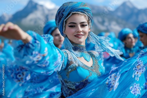 A woman in a blue dress with a blue scarf and blue hat is dancing photo