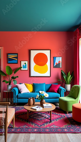 Eclectic living room with mismatched furniture bright colors and artistic decor. background copyspace