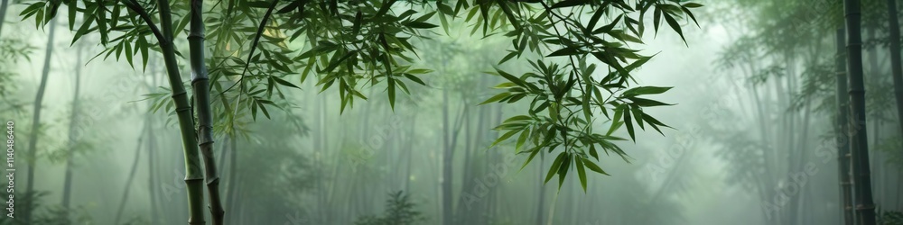 Fototapeta premium A serene bamboo branch with lush green leaves and delicate nodes in a misty forest environment, plant, serenity, trees