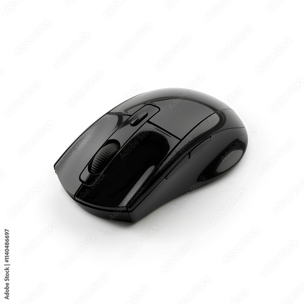 A sleek black computer mouse with a glossy finish placed on a white background A sleek black computer mouse with a glossy finish placed on a white background